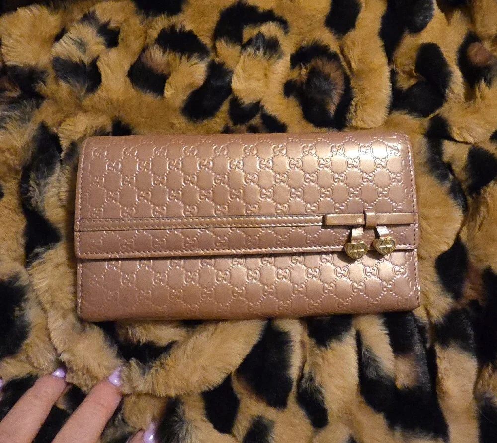Gucci Metallic Rose Pink GG Continental Wallet with Heart Zipper Pulls